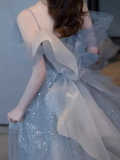 Niulatu A line Straps Gray Tulle Long Prom Dress HZ1110