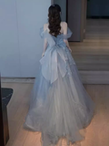 Niulatu A line Straps Gray Tulle Long Prom Dress HZ1110