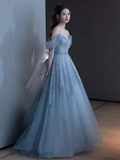 Niulatu A line Straps Gray Tulle Long Prom Dress HZ1110