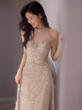 Niulatu Mermaid Halter Sequin Champagne Long Prom Dress HZ1110