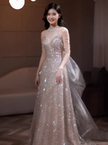 Niulatu Mermaid Halter Sequin Champagne Long Prom Dress HZ1110