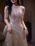 Niulatu Mermaid Halter Sequin Champagne Long Prom Dress HZ1110