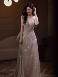Niulatu Mermaid Halter Sequin Champagne Long Prom Dress HZ1110