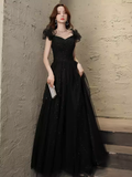 Niulatu A line Puffy Sleeves Black Tulle Long Prom Dress HZ1110