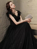 Niulatu A line Puffy Sleeves Black Tulle Long Prom Dress HZ1110
