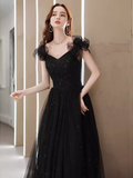 Niulatu A line Puffy Sleeves Black Tulle Long Prom Dress HZ1110