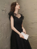 Niulatu A line Puffy Sleeves Black Tulle Long Prom Dress HZ1110