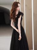 Niulatu A line Puffy Sleeves Black Tulle Long Prom Dress HZ1110
