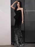Niulatu Mermaid Strapless Black Sequin Long Prom Dress HZ1110