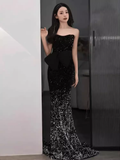 Niulatu Mermaid Strapless Black Sequin Long Prom Dress HZ1110