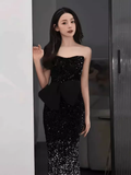 Niulatu Mermaid Strapless Black Sequin Long Prom Dress HZ1110