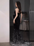 Niulatu Mermaid Strapless Black Sequin Long Prom Dress HZ1110