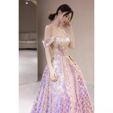 Niulatu A line Strapless Lilac Sequin Long Prom Dress HZ1110