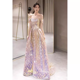 Niulatu A line Strapless Lilac Sequin Long Prom Dress HZ1110