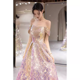 Niulatu A line Strapless Lilac Sequin Long Prom Dress HZ1110