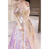 Niulatu A line Strapless Lilac Sequin Long Prom Dress HZ1110