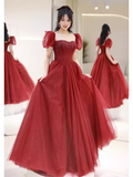 Niulatu A line Puffy Sleeves Burgundy Long Prom Dress HZ1110