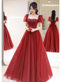Niulatu A line Puffy Sleeves Burgundy Long Prom Dress HZ1110