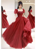 Niulatu A line Puffy Sleeves Burgundy Long Prom Dress HZ1110