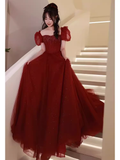 Niulatu A line Puffy Sleeves Burgundy Long Prom Dress HZ1110