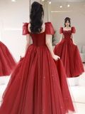 Niulatu A line Puffy Sleeves Burgundy Long Prom Dress HZ1110