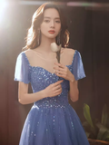 Niulatu A line Short Sleeves Long Blue Prom Dress HZ1110
