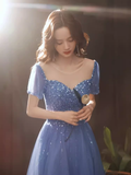 Niulatu A line Short Sleeves Long Blue Prom Dress HZ1110
