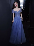 Niulatu A line Short Sleeves Long Blue Prom Dress HZ1110