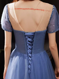 Niulatu A line Short Sleeves Long Blue Prom Dress HZ1110
