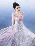 Niulatu A line Short Sleeves Long Lilac Prom Dress HZ1110