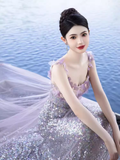 Niulatu A line Short Sleeves Long Lilac Prom Dress HZ1110