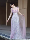 Niulatu A line Short Sleeves Long Lilac Prom Dress HZ1110
