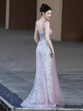 Niulatu A line Short Sleeves Long Lilac Prom Dress HZ1110
