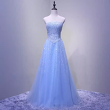 Niulatu A line Strapless Sleelves Long Light Sky Blue Prom Dress HZ1110
