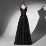 Niulatu A line V Neckline Tulle Long Black Prom Dress HZ1110