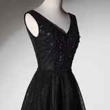 Niulatu A line V Neckline Tulle Long Black Prom Dress HZ1110