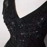 Niulatu A line V Neckline Tulle Long Black Prom Dress HZ1110