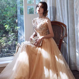 Niulatu A line V Neckline Tulle Long Champagne Prom Dress HZ1110