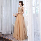 Niulatu A line V Neckline Tulle Long Champagne Prom Dress HZ1110