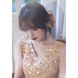 Niulatu A line V Neckline Tulle Long Champagne Prom Dress HZ1110