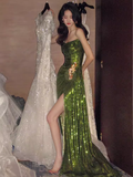Niulatu Mermaid Strapless Long Sequin Green Prom Dress HZ1110