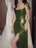 Niulatu Mermaid Strapless Long Sequin Green Prom Dress HZ1110