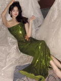 Niulatu Mermaid Strapless Long Sequin Green Prom Dress HZ1110