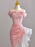 Niulatu High Low Strapless Sequin Pink Velvet Prom Dress HZ1110