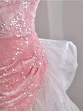 Niulatu High Low Strapless Sequin Pink Velvet Prom Dress HZ1110