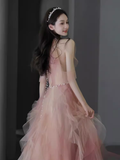 Niulatu A line Pink Tulle Long Prom Dress HZ1110