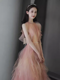 Niulatu A line Pink Tulle Long Prom Dress HZ1110