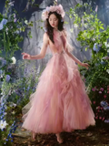 Niulatu A line Pink Tulle Long Prom Dress HZ1110