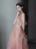 Niulatu A line Pink Tulle Long Prom Dress HZ1110