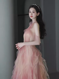 Niulatu A line Pink Tulle Long Prom Dress HZ1110
